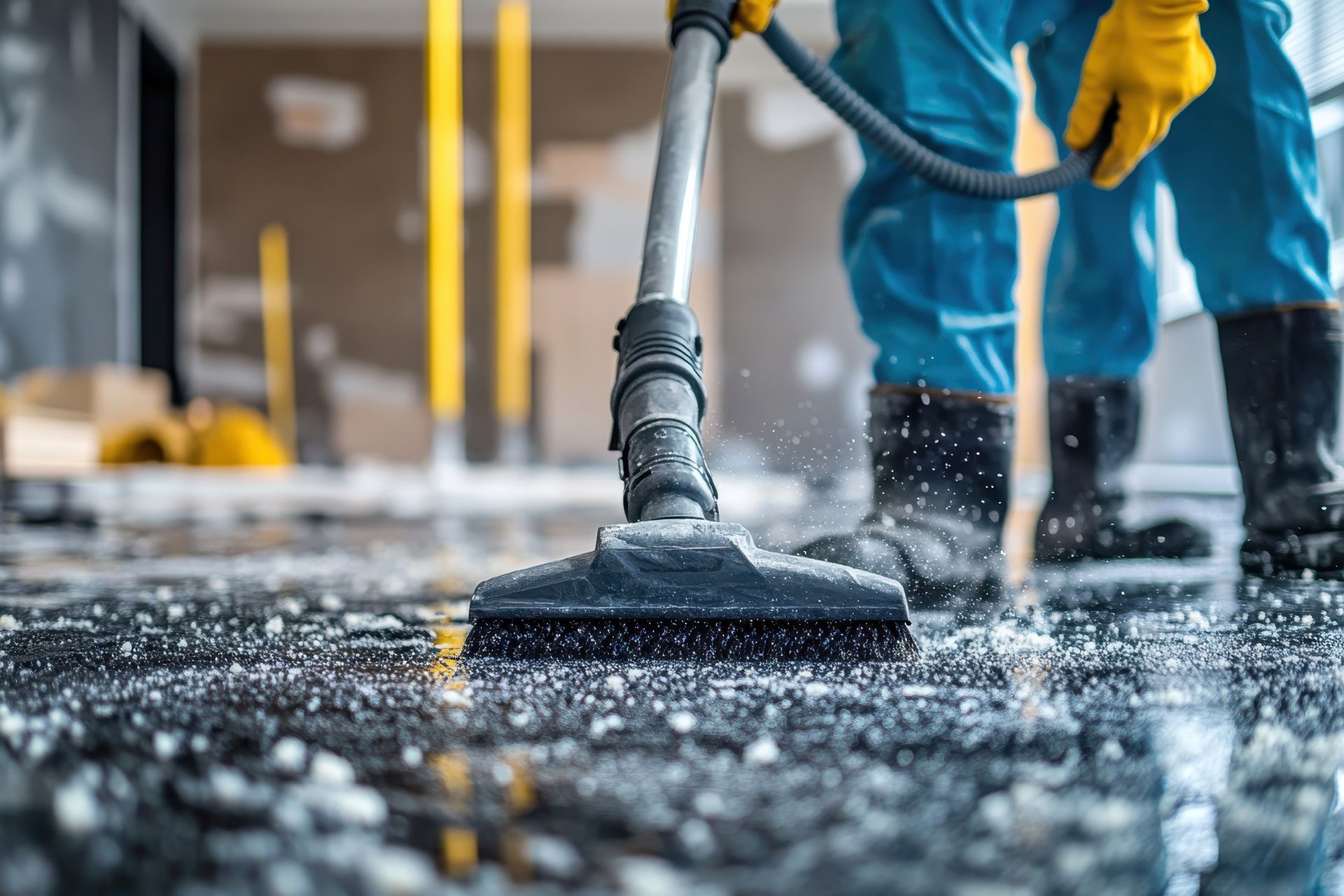 Worker pressure-washing a wet floor with a hose, wearing blue coveralls and yellow gloves