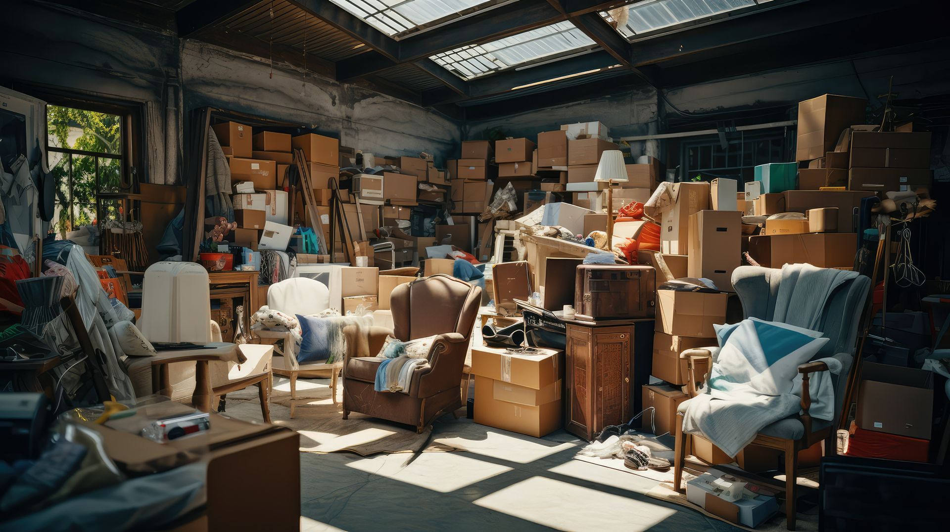 Cluttered workshop filled with stacked boxes, chairs, tools, and sunlight streaming through a large window.