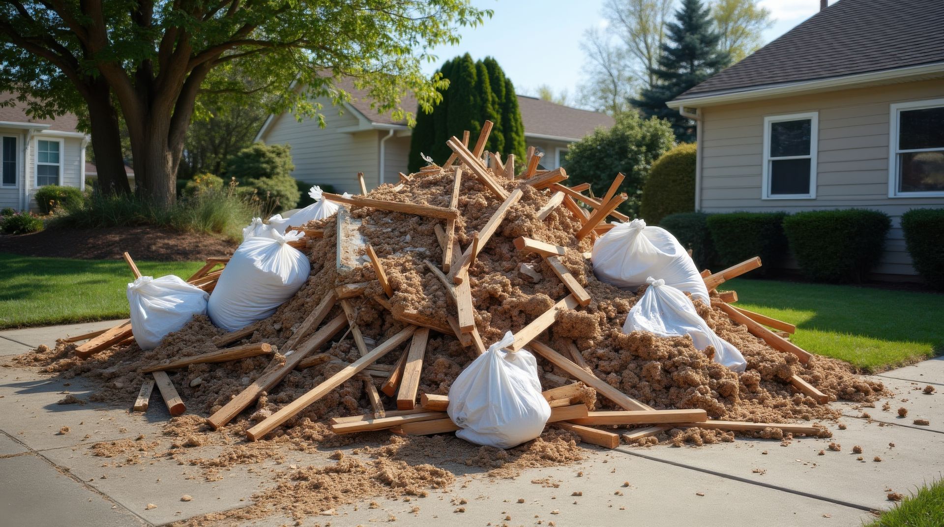Pile of yard debris and branches with white trash bags on a residential driveway