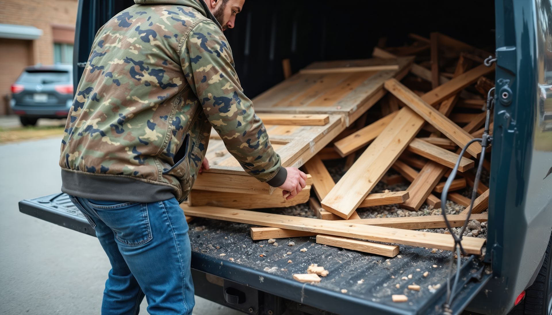 Person loading scrap wood into a van from the street.