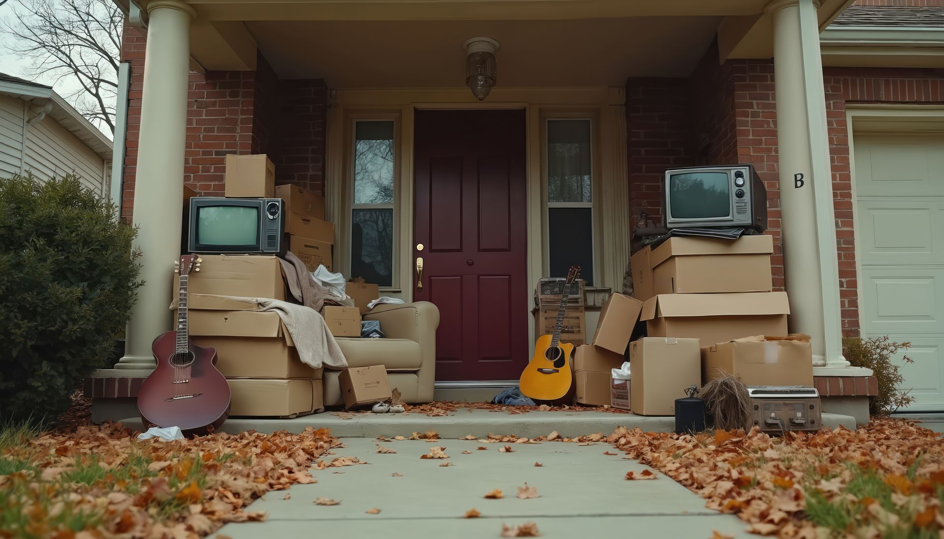Front porch cluttered with old furniture, guitars, and boxes, with fallen autumn leaves on the walkway.