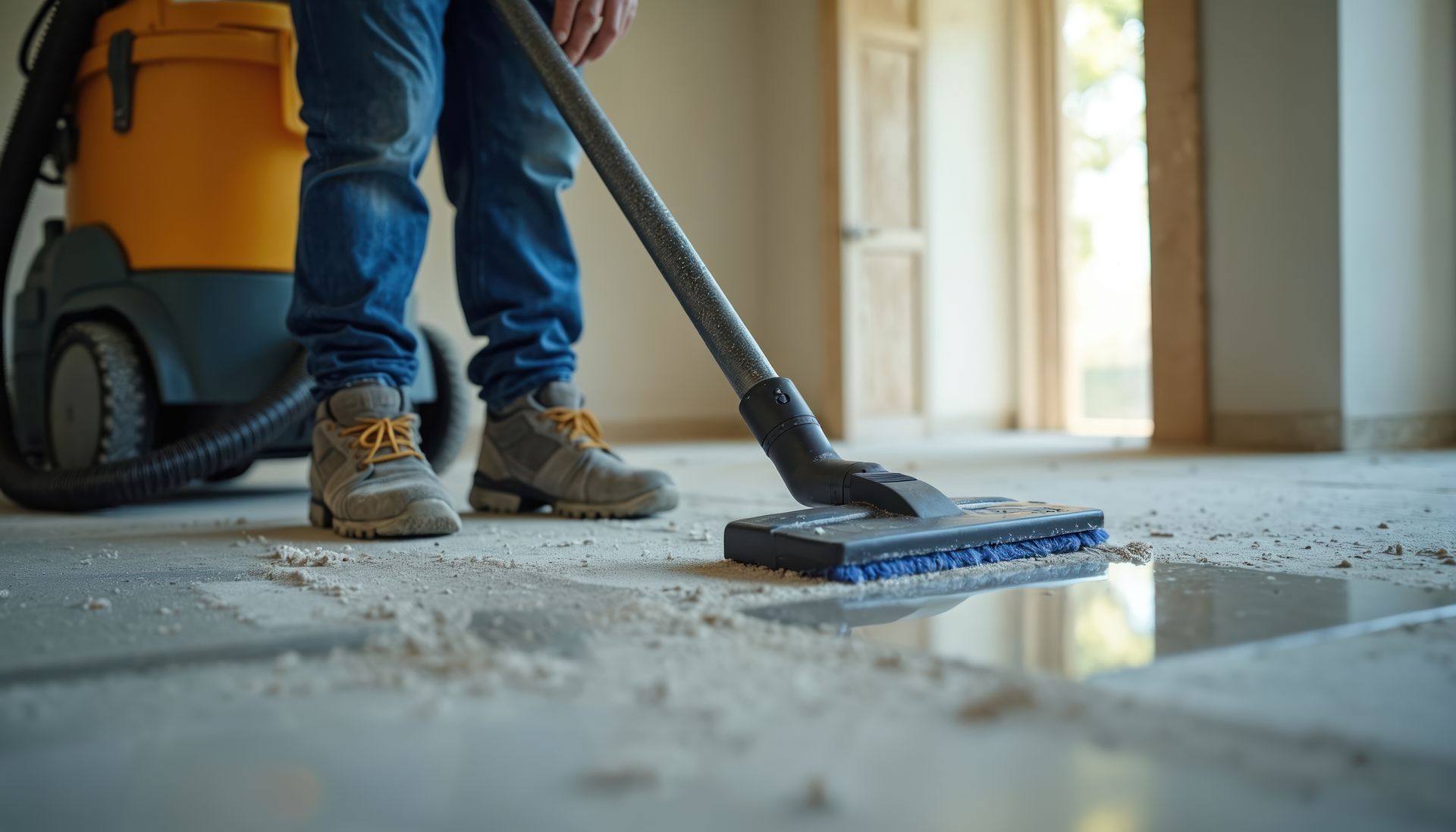 Person vacuuming a dusty floor beside a yellow shop vacuum in a sunlit room