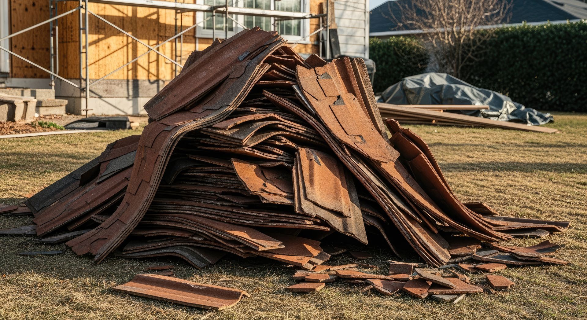 Piled rusted metal sheets stacked on a lawn in front of a building