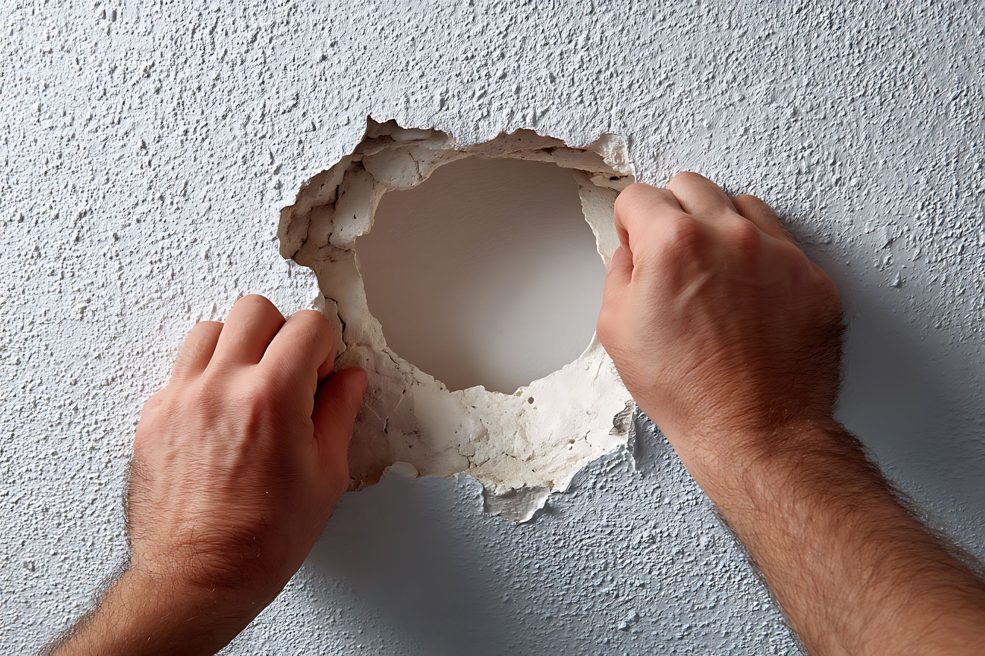 Hands tearing open a hole in a drywall wall, exposing the white interior.