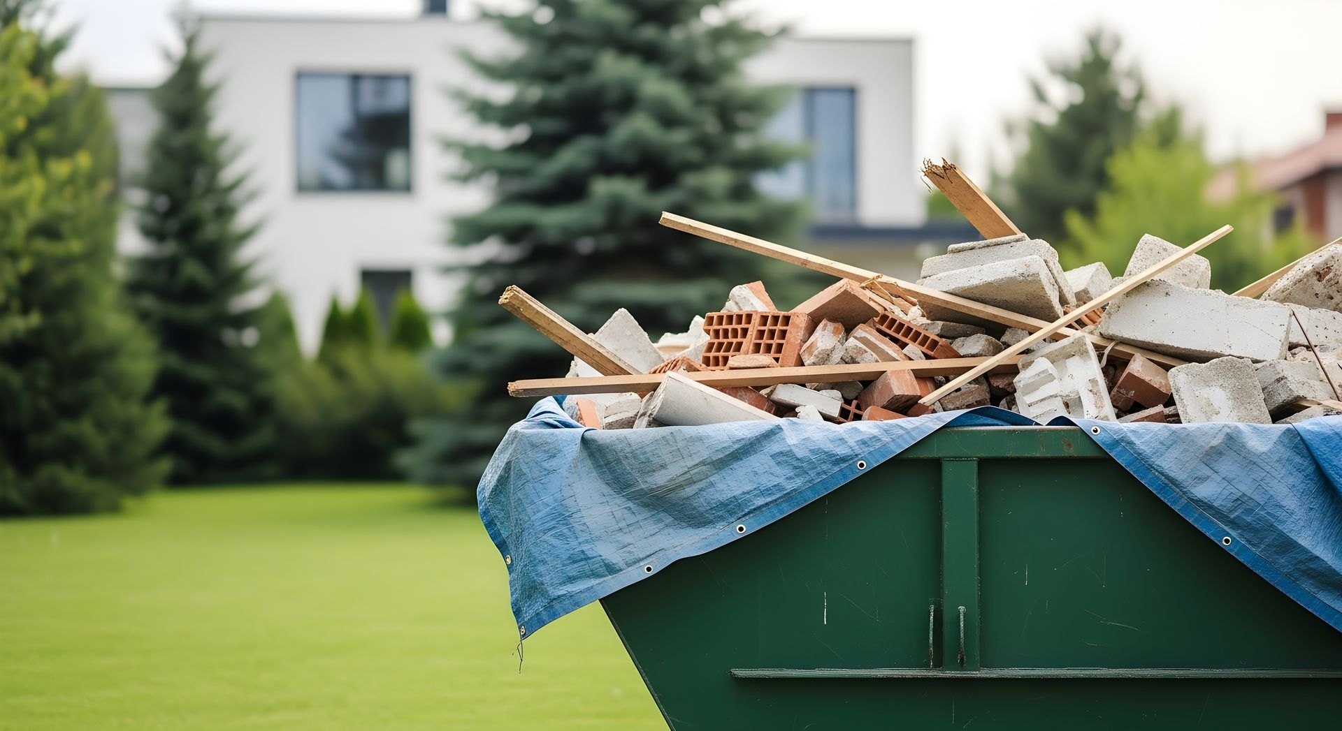 Green dumpster filled with construction debris on a lawn in front of a white house