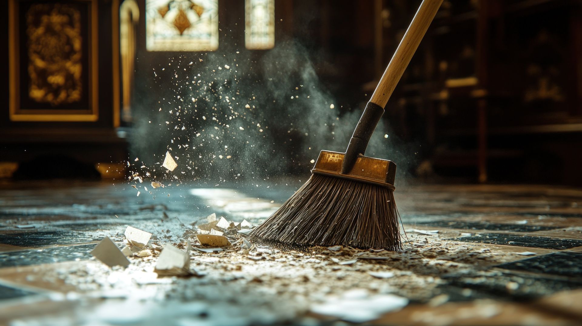 Broom sweeping dust and debris across a sunlit ornate floor in a dim room.