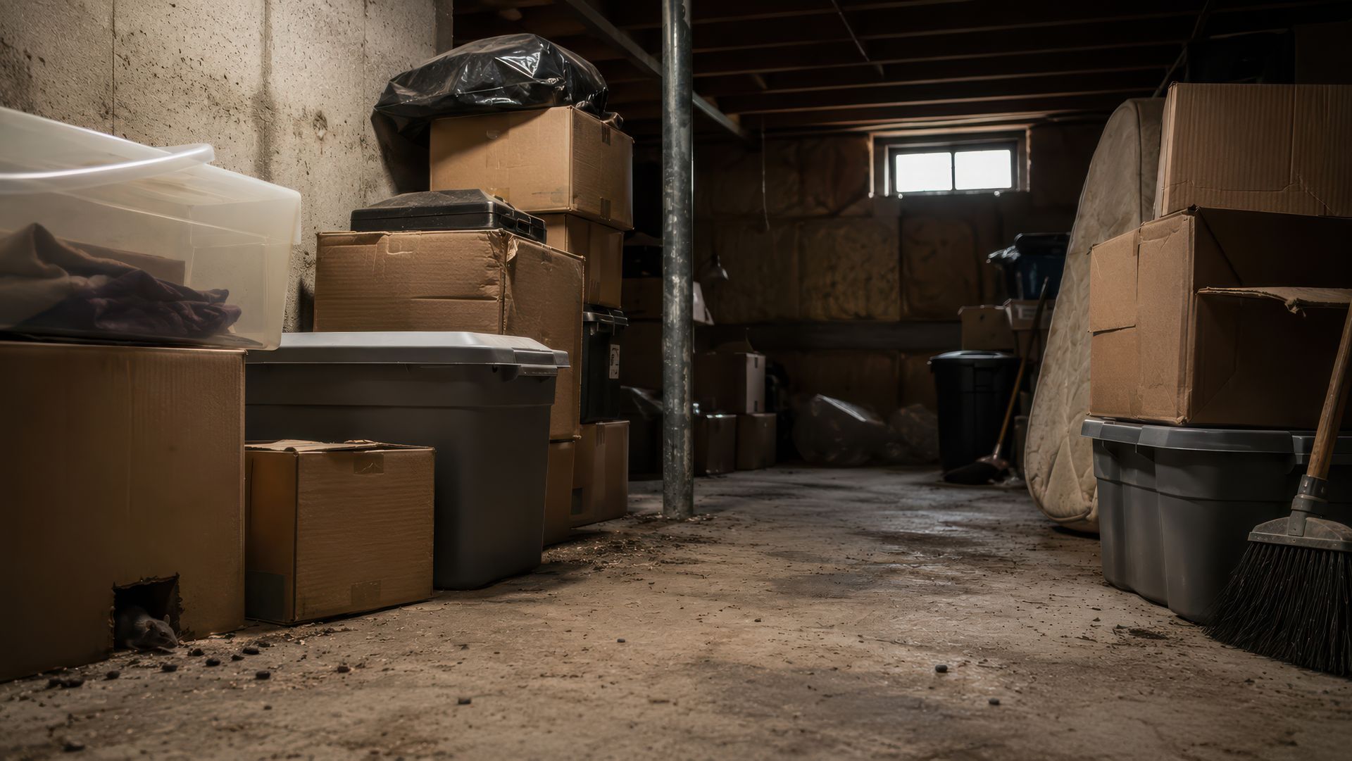 Cluttered basement with stacked cardboard boxes, storage bins, and a dirt floor under dim lighting