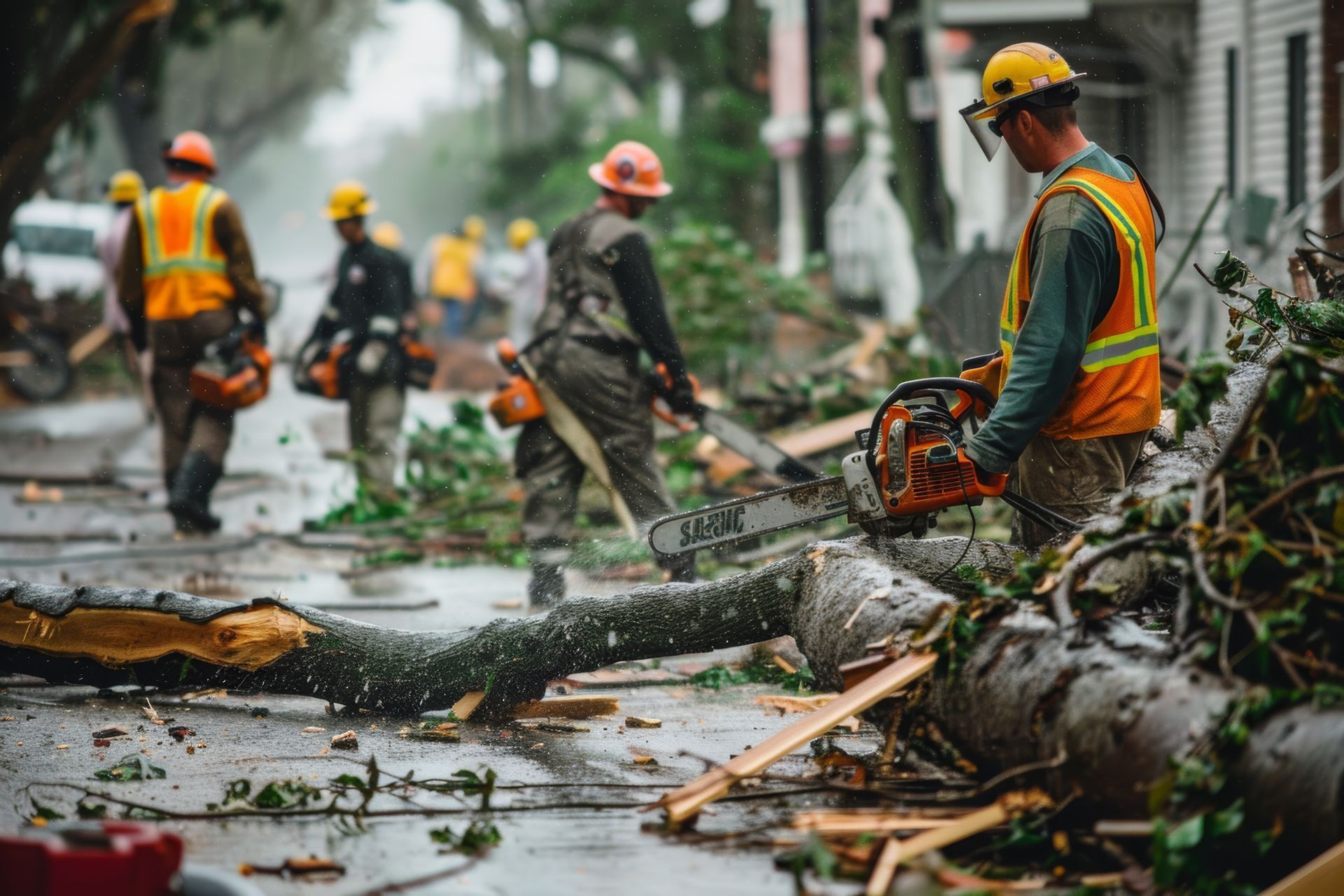 Workers clear storm debris from a wet street, with fallen branches and damaged trees lining the road.