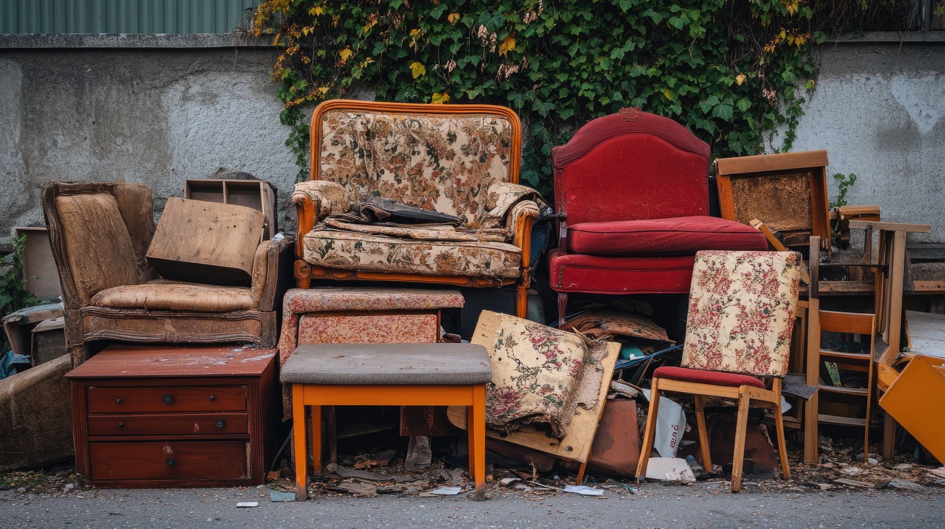 Assorted old chairs and a table stacked outdoors against a wall, including a red armchair and floral upholstery