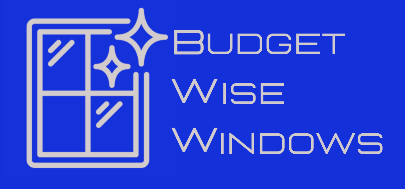 A blue logo for budget wise windows with a picture of a window
