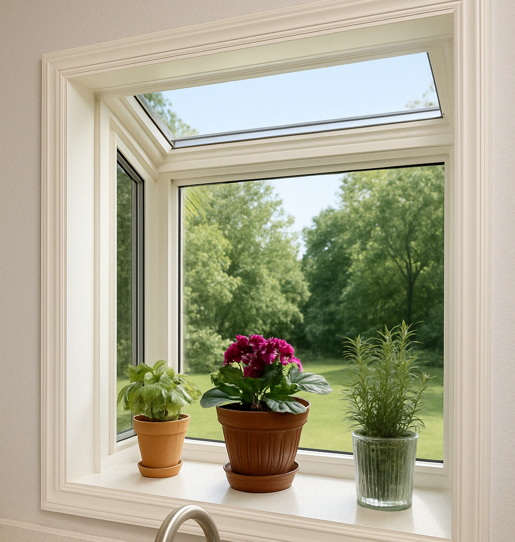 Three potted plants are sitting on a garden window.