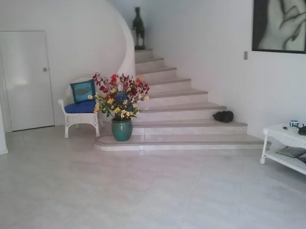 A Living Room With Stairs And A Vase Of Flowers — Alice Springs Carpet Cleaning In Alice Springs, NT