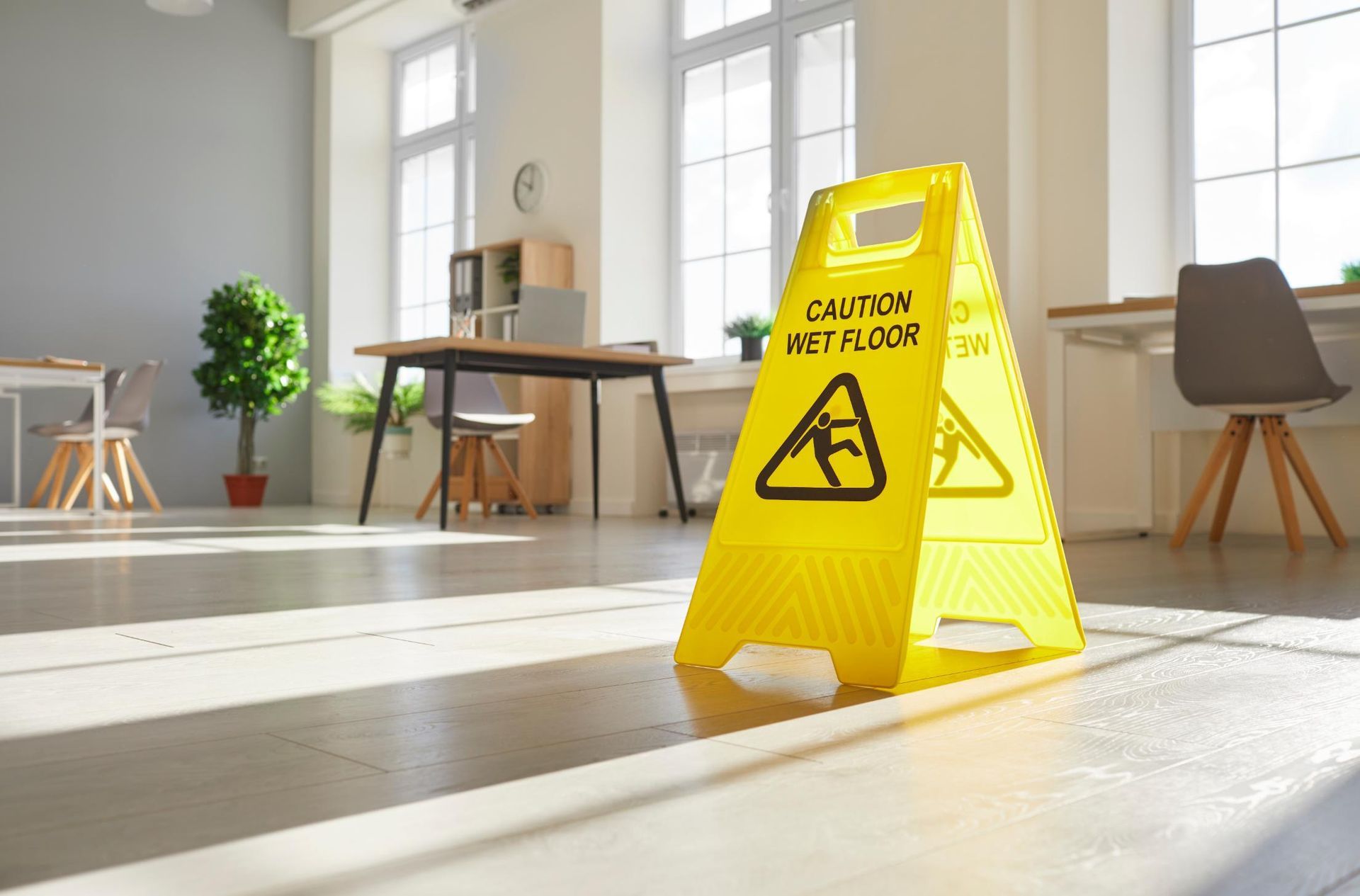 A Yellow Caution Sign is Sitting on the Floor in an Office — Alice Springs Carpet Cleaning In Alice Springs, NT