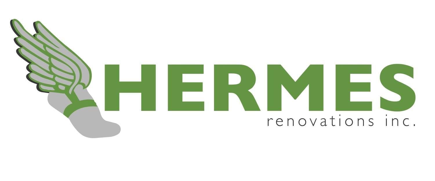 Logo of Hermes Renovations Inc.: Winged foot with green wings and text "HERMES renovations inc." in green.