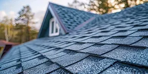 Close-up of a blue shingled roof with a small window. Trees are in the blurred background.