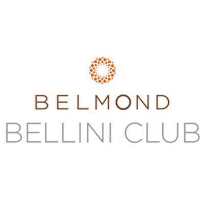 A logo for belmond bellini club with an orange circle in the middle