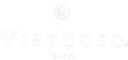 A white logo with a brain and the words virtuoso member on a white background.