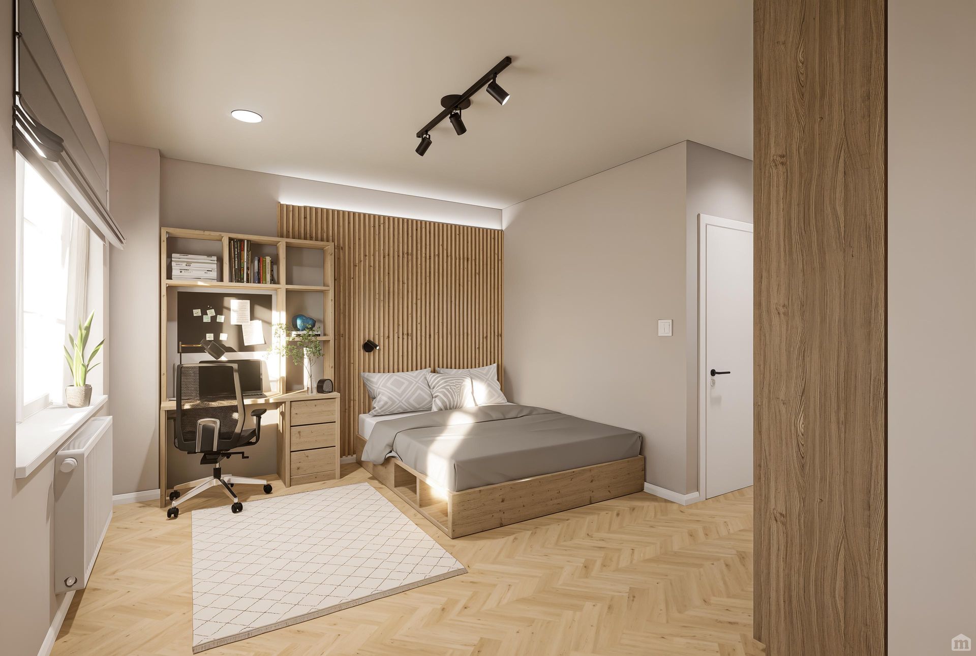 A bedroom with a bed , desk and chair.