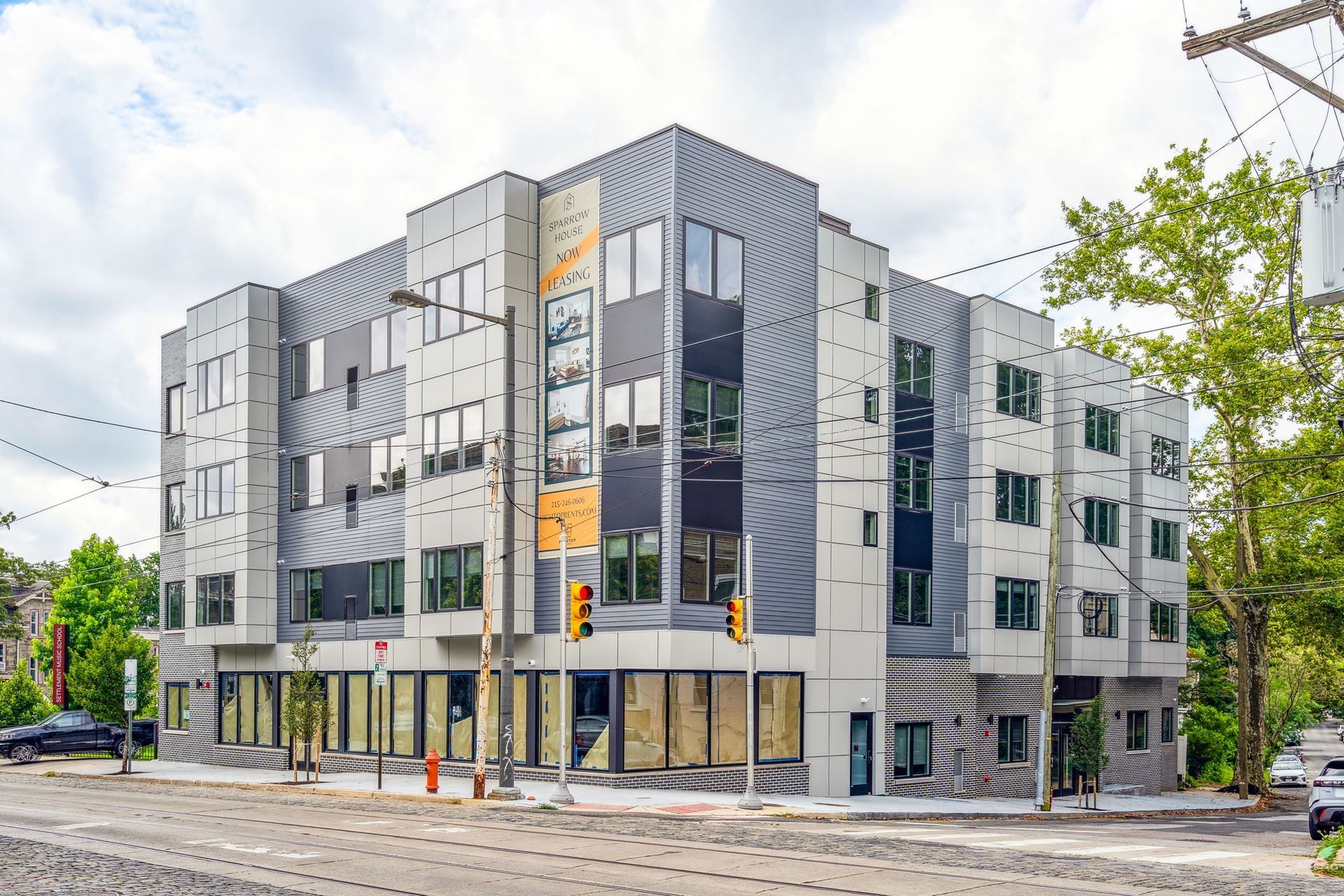 Exterior of Sparrow House apartments in Mount Airy, Philadelphia.