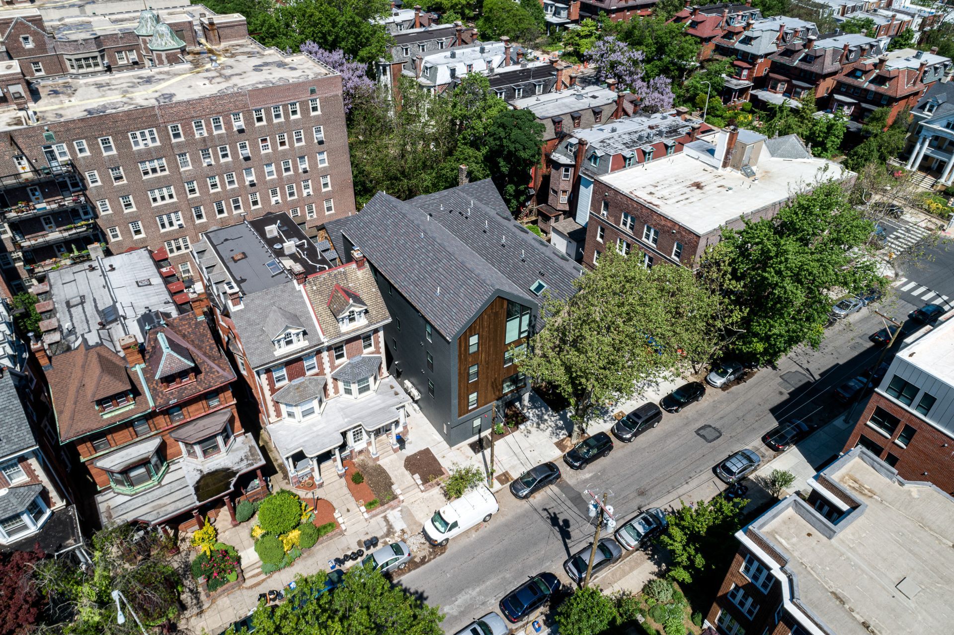 Aerial image of Shepherd Lofts apartments in University City, Philadelphia.