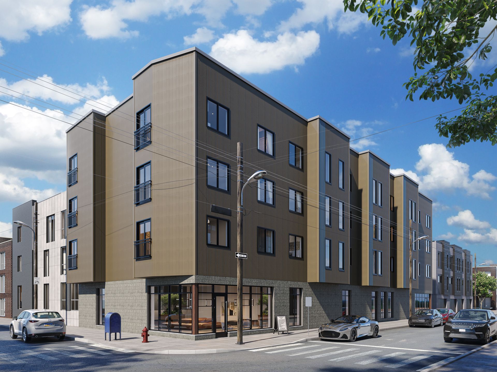 Exterior view of OLO apartments in Point Breeze, Philadelphia.