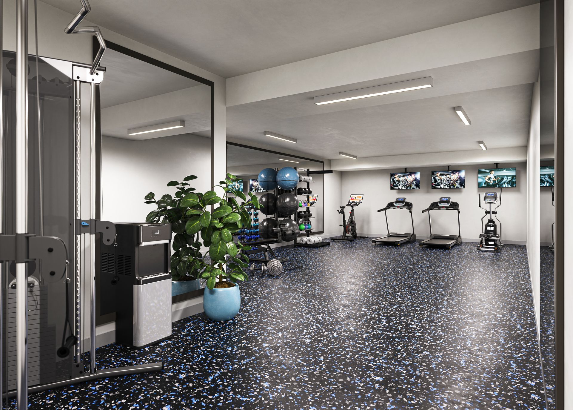 Fitness center at OLO apartment building in Point Breeze, Philadelphia.