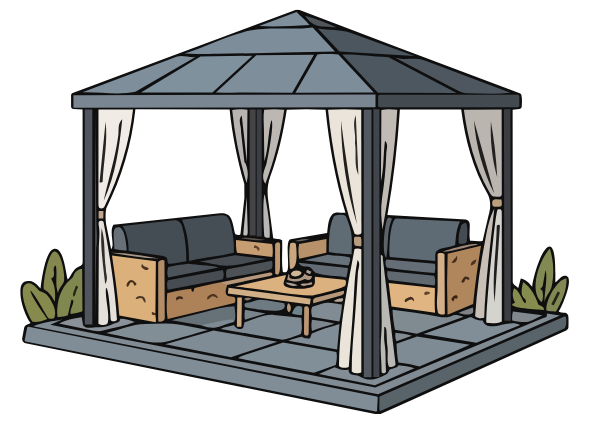 Gazebo with gray roof, white curtains, blue couches, coffee table, and greenery.