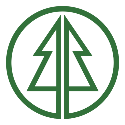 Green emblem: stylized, symmetrical tree within a circle.