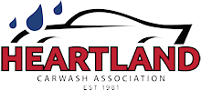 Logo for Heartland Carwash Association, featuring a car outline with water droplets and red text.