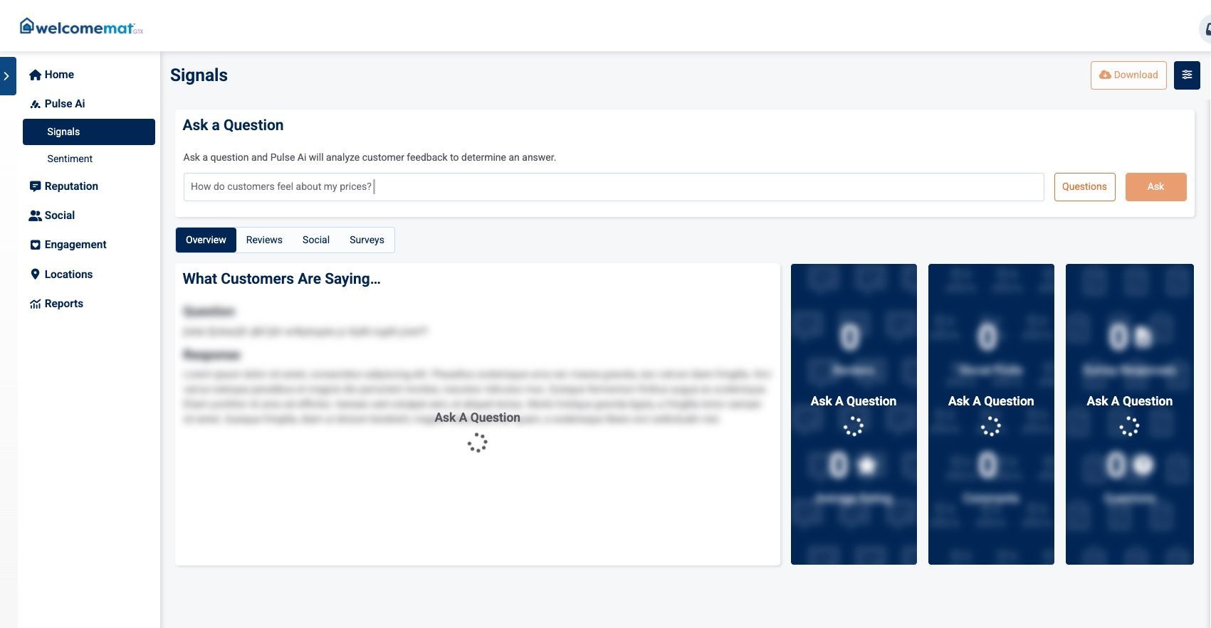 A dashboard interface with navigation and data cards; blue and orange color scheme.