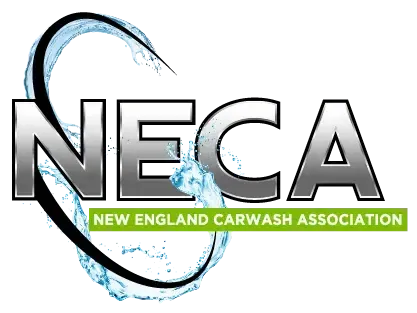 NECA logo: Bold silver letters with water splash and green banner 