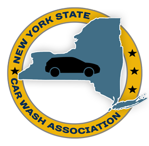New York State Car Wash Association logo: blue NY outline with black car, yellow circle with text and stars.