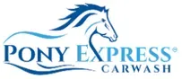 Logo for Pony Express Carwash: a horse in blue with the words 