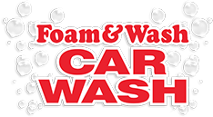 Foam & Wash Car Wash logo with red text and white bubbles.