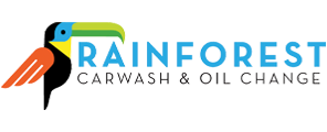 Logo for Rainforest Carwash & Oil Change: a toucan with the words 