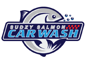 Logo for Sudzy Salmon Car Wash: Fish in blue and gray over text on a blue and white background.