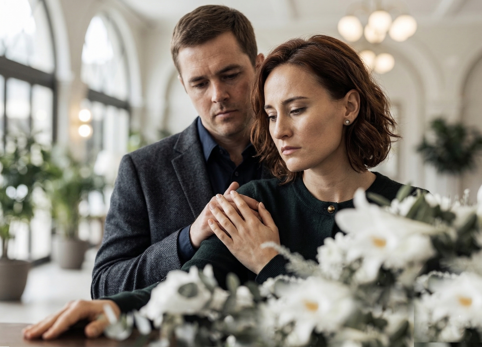 A man in a dark blazer comforts a woman at a funeral, both with somber expressions behind white floral arrangements.