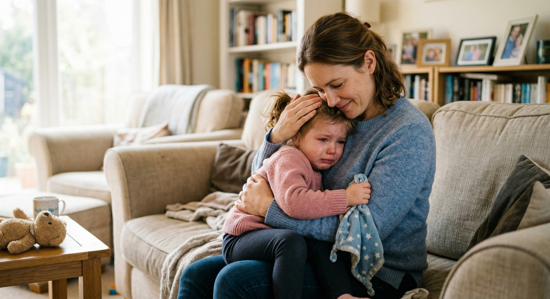A woman holding and comforting a crying child on a sofa in a living room.