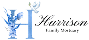 Logo for Harrison Family Mortuary featuring a large blue letter H, blue flowers, and a white dove.