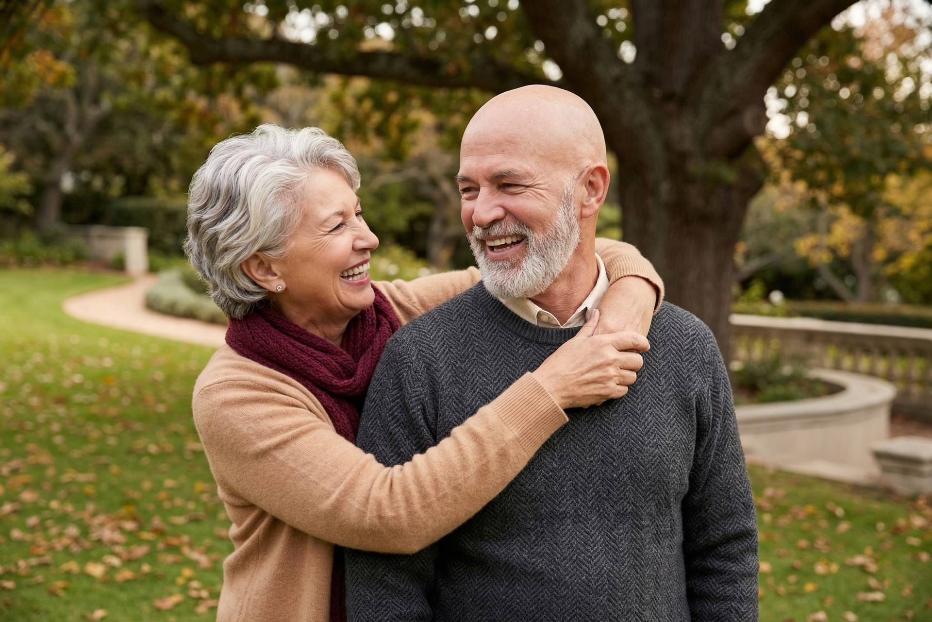 An older couple in sweaters embraces and smiles at each other in a park during autumn.