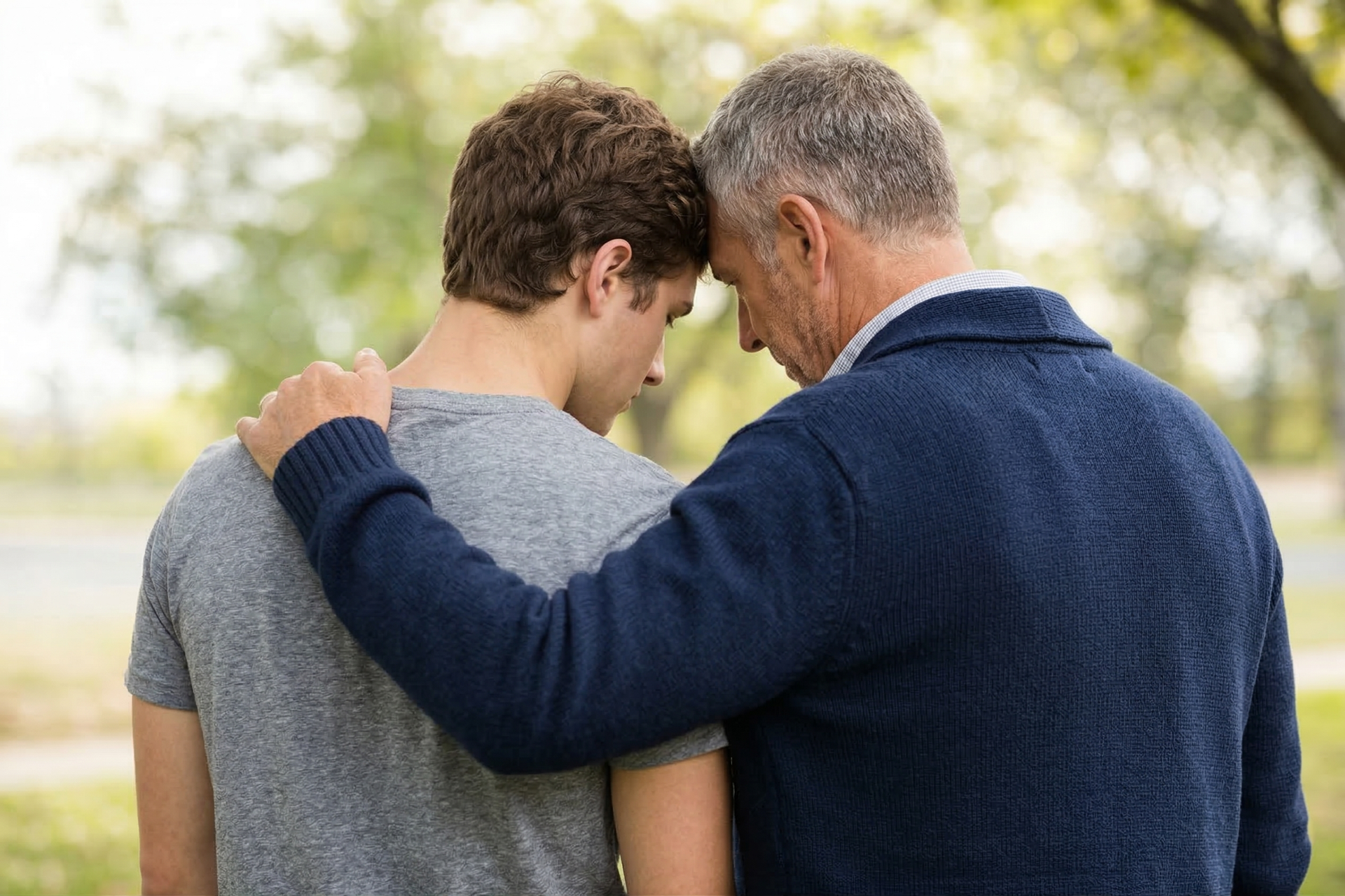 A person with their arm around another, both with heads touching in a supportive outdoor setting.