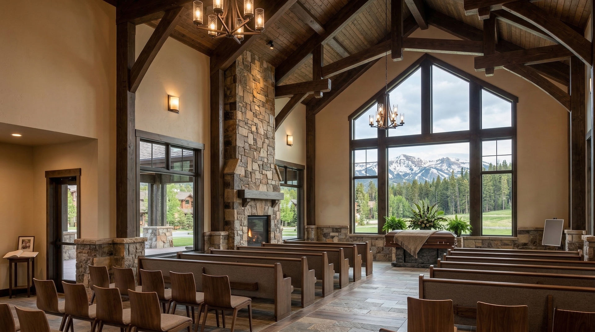 A rustic chapel interior featuring wood beams, a stone fireplace, rows of wooden pews, and large windows with mountain views.