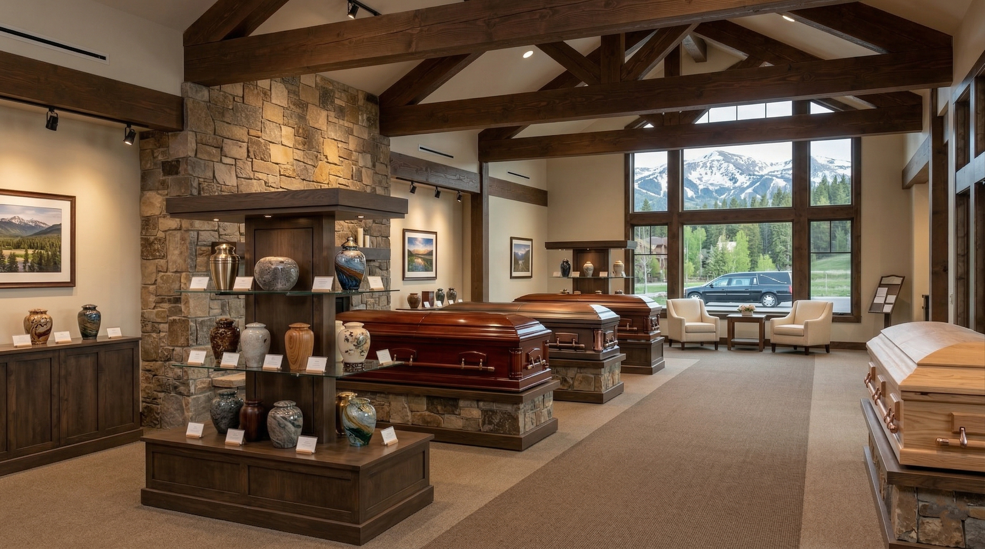 A showroom for funeral services with wood beams, stone accents, casket displays, and urns in a mountain setting.