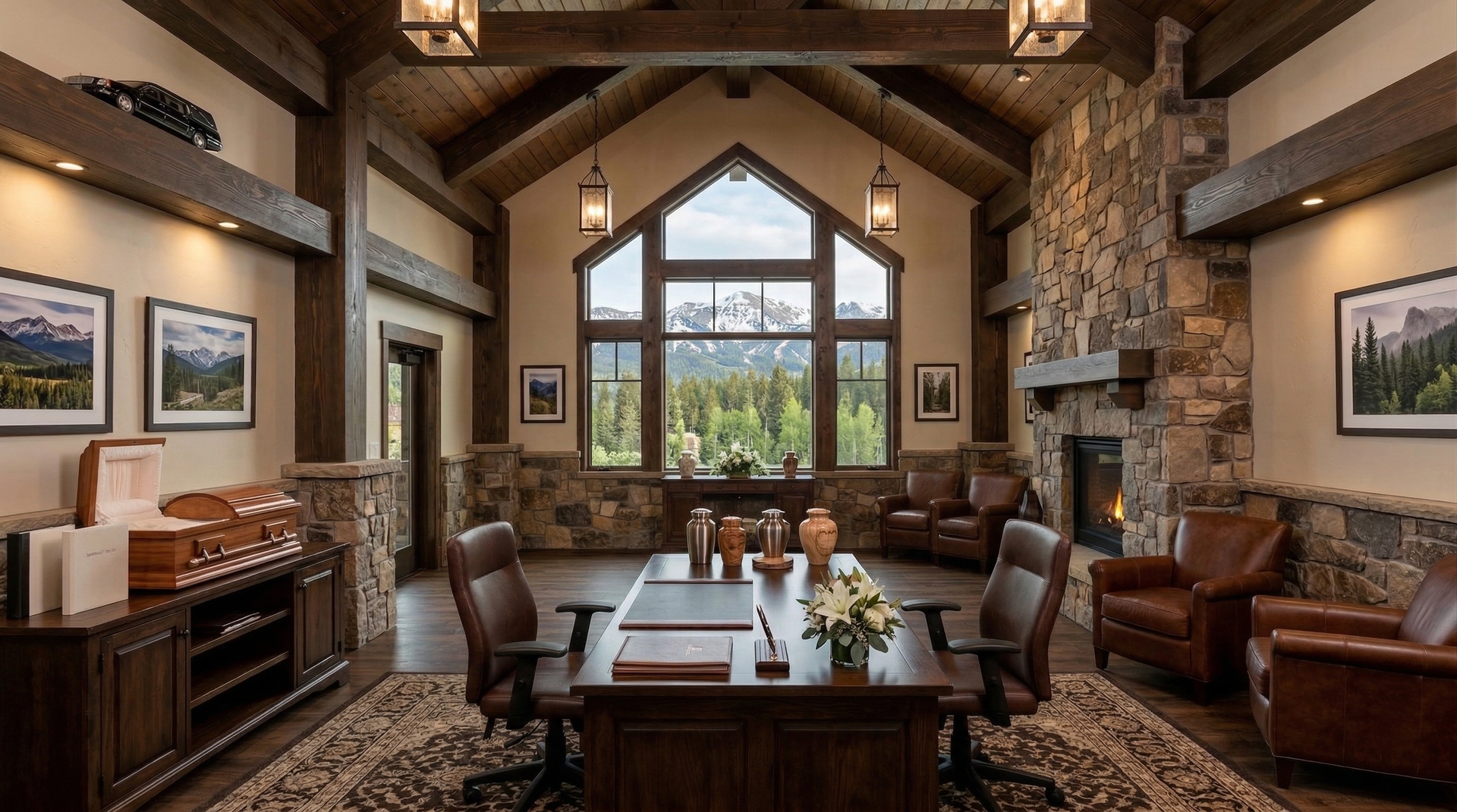 A rustic office with a wooden desk, leather chairs, vaulted ceilings, a stone fireplace, and mountain views from windows.