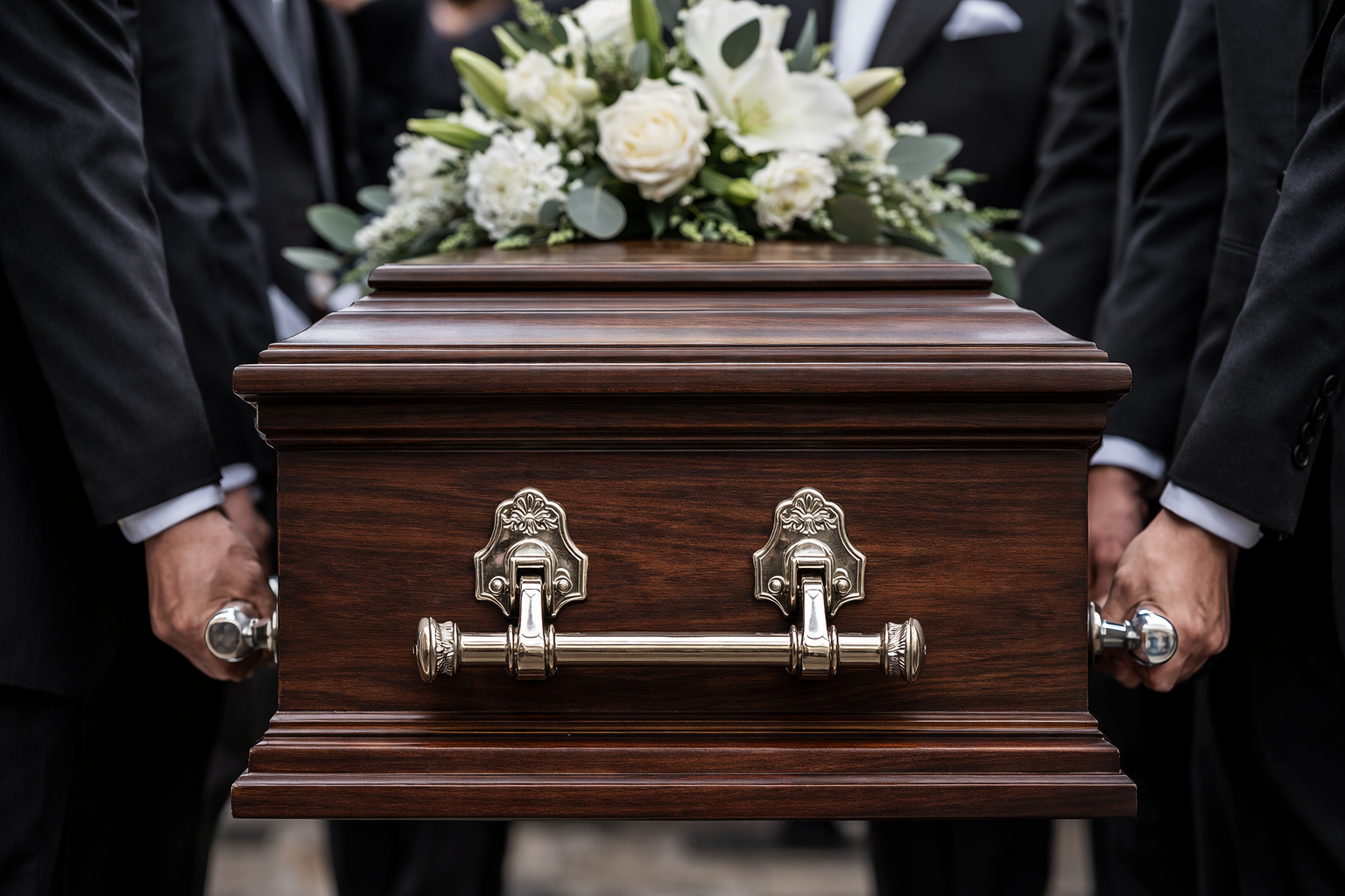 Pallbearers carrying a dark wood casket adorned with white floral arrangements during a funeral service.
