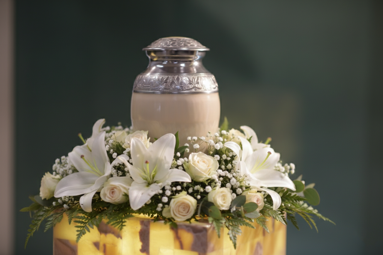 A silver-topped funeral urn sits centered atop a base surrounded by a floral arrangement of white lilies and roses.