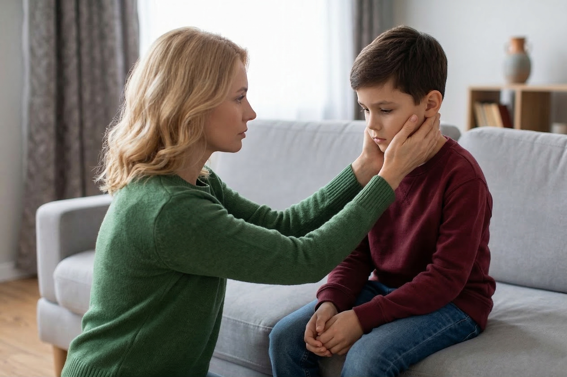 A person in a green sweater holds the face of a child in a maroon sweater, sitting together on a gray sofa indoors.