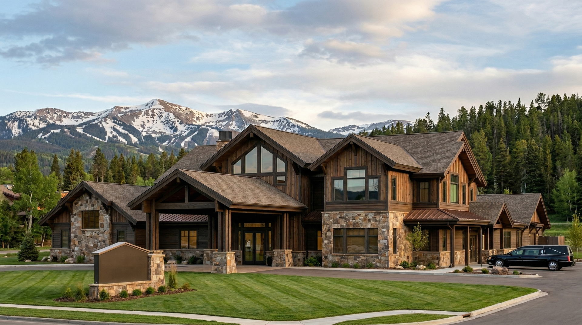 A large, multi-story lodge with wood and stone siding set against a backdrop of snow-capped mountains.