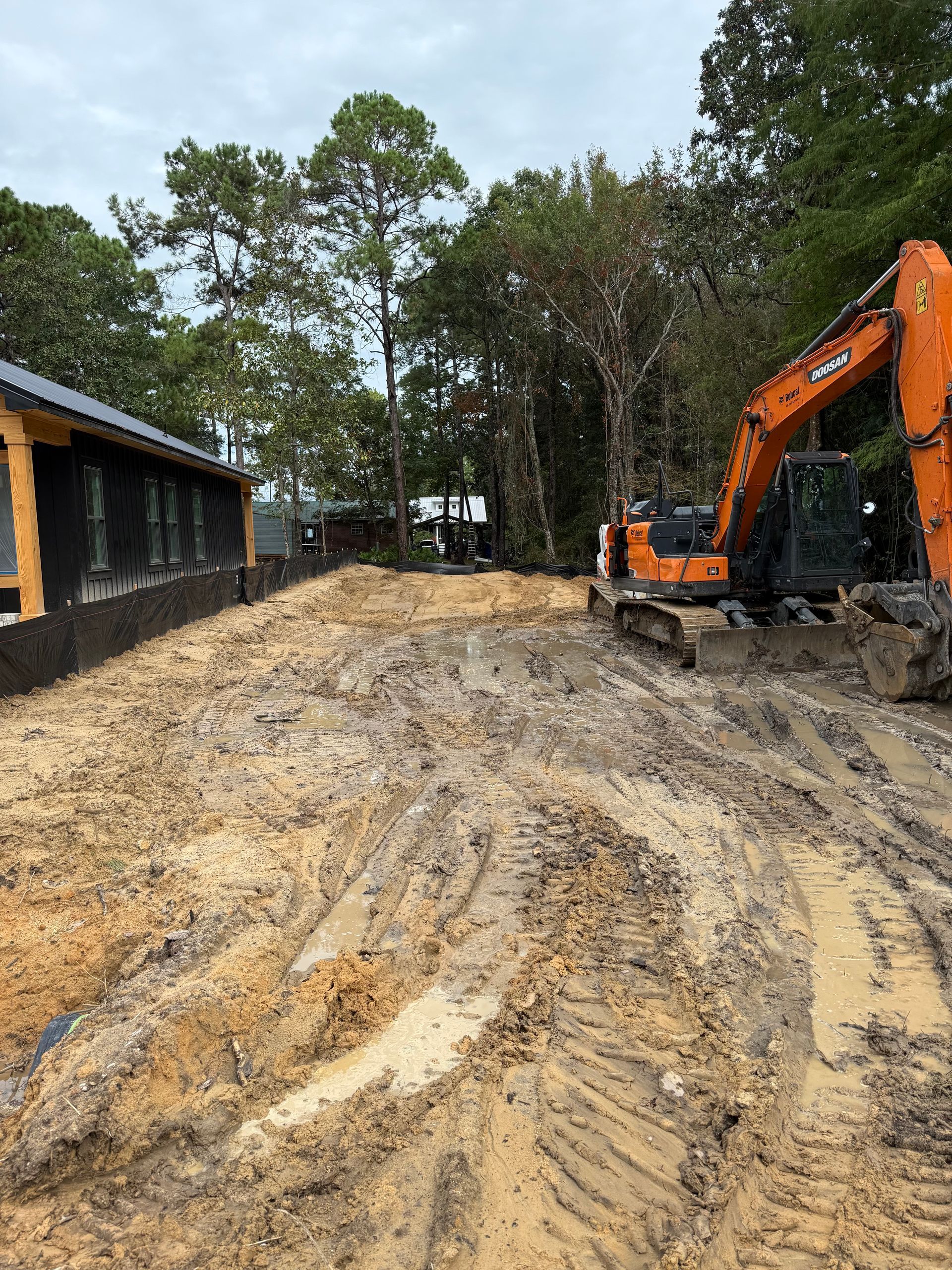 Muddy construction site with an orange excavator and a partially built building.