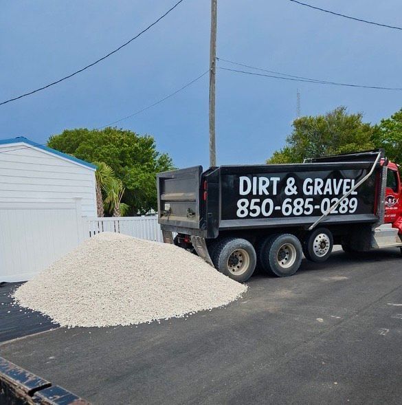 A dirt and gravel truck is parked on the side of the road